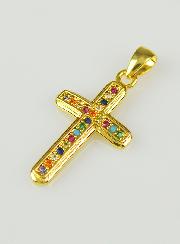 Pendentif Croix en Laiton Doré et Zircons Multicolores - 19mm