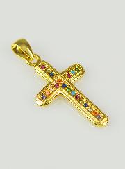 Pendentif Croix en Laiton Doré et Zircons Multicolores - 19mm