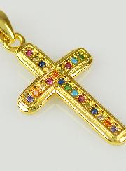 Pendentif Croix en Laiton Doré et Zircons Multicolores - 19mm