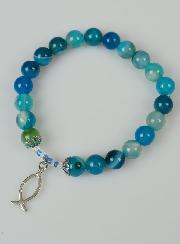 Bracelet Religieux en Pierre Naturelle d'Agate Bleue & Ichtus
