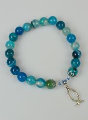 Bracelet Religieux en Pierre Naturelle d'Agate Bleue & Ichtus