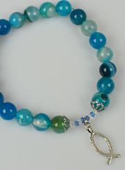 Bracelet Religieux en Pierre Naturelle d'Agate Bleue & Ichtus