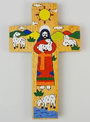 Croix Enfant en Bois - Jésus le Bon Berger