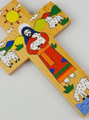 Croix Enfant en Bois - Jésus le Bon Berger