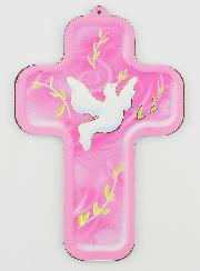 Croix Enfant Colombe de l'Esprit Saint - Fond Rose