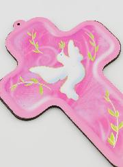 Croix Enfant Colombe de l'Esprit Saint - Fond Rose
