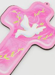 Croix Enfant Colombe de l'Esprit Saint - Fond Rose