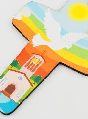 Croix Enfant en Bois - Colombe & Eglise