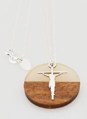 Pendentif Croix du Christ & Cercle Bois Résine - Blanc