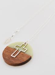 Pendentif Croix Ajourée & Cercle Bois Résine - Vert