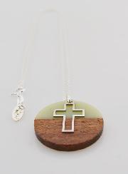 Pendentif Croix Ajourée & Cercle Bois Résine - Vert