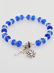 Bracelet Chapelet Cristal Bleu Foncé + Médaille de Lourdes + Croix