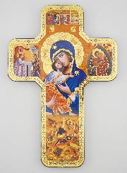 Croix Icône en Bois Vierge à l'Enfant - 18cm
