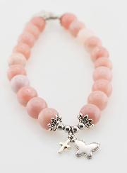 Bracelet Religieux en Pierre Naturelle d'Opale Rose - Esprit Saint & Papillon