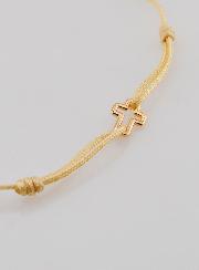 Bracelet Cordon Beige & Croix en Plaqué Or