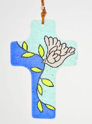 Croix en Verre à Suspendre 12 cm - Colombe et Rameau