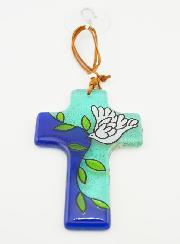 Croix en Verre à Suspendre 12 cm - Colombe et Rameau