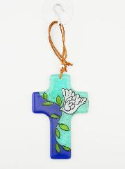 Croix en Verre à Suspendre 12 cm - Colombe et Rameau