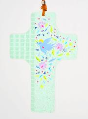 Croix en Verre à Suspendre 12 cm - Colombe et Fleurs