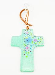 Croix en Verre à Suspendre 12 cm - Colombe et Fleurs