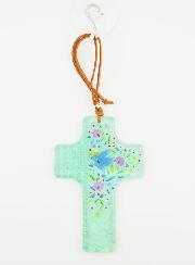Croix en Verre à Suspendre 12 cm - Colombe et Fleurs