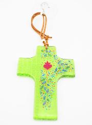 Croix en Verre à Suspendre 12cm - Coeur Sacré