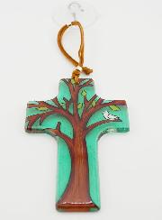 Croix en Verre à Suspendre 12 cm - Arbre de vie