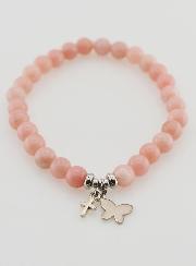 Bracelet en Pierres Naturelles d'Opale Rose 6mm - Papillon & Croix