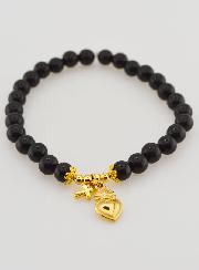 Bracelet Religieux en Pierres Naturelles d'Agate Noire - Sacré Coeur & Croix