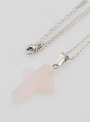 Collier Religieux Chaîne Inox & Croix en Quartz Rose