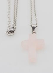 Collier Religieux Chaîne Inox & Croix en Quartz Rose