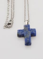 Collier Religieux Chaîne Inox & Croix en Jaspe Bleu