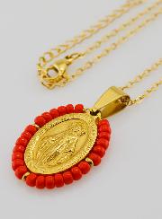 Médaille Miraculeuse + Chaîne - Perles Rouges