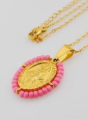Médaille Miraculeuse + Chaîne - Perles Roses