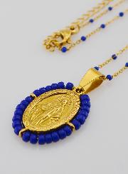 Médaille Miraculeuse Perlée + Chaîne Perles Marine