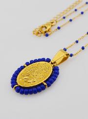 Médaille Miraculeuse Perlée + Chaîne Perles Marine