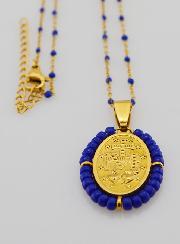 Médaille Miraculeuse Perlée + Chaîne Perles Marine