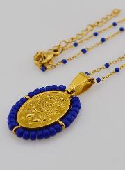Collier Religieux Perlé & Médaille Miraculeuse - Marine