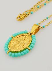 Médaille Miraculeuse Perlée + Chaîne Perles Turquoises