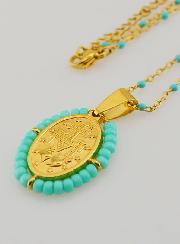 Médaille Miraculeuse Perlée + Chaîne Perles Turquoises