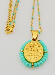 Médaille Miraculeuse Perlée + Chaîne Perles Turquoises