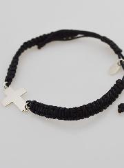 Bracelet Corde Tressée Noire - Croix en Argent