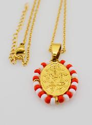 Médaille Miraculeuse + Chaîne - Perles Rouge & Blanc