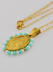 Médaille Miraculeuse + Chaîne - Perles Turquoise & Blanc