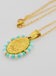 Médaille Miraculeuse + Chaîne - Perles Turquoise & Blanc