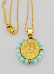Médaille Miraculeuse + Chaîne - Perles Turquoise & Blanc