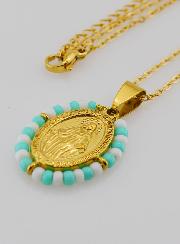 Collier Religieux & Miraculeuse - Perles Turquoises & Blanches