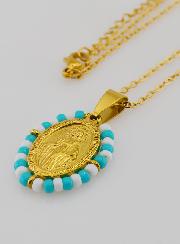 Médaille Miraculeuse + Chaîne - Perles Blanc & Bleu Gris