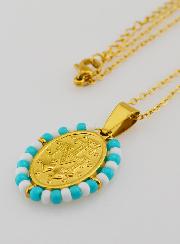 Médaille Miraculeuse + Chaîne - Perles Blanc & Bleu Gris