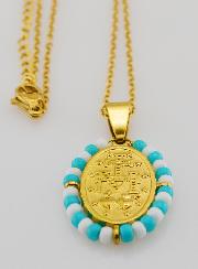 Médaille Miraculeuse + Chaîne - Perles Blanc & Bleu Gris